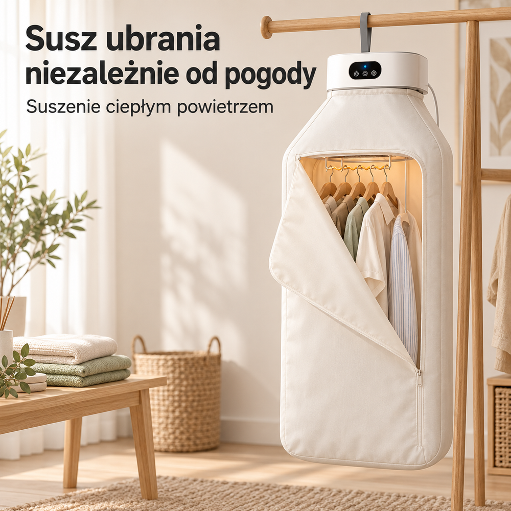 Zelena DryGo – suszenie ubrań ciepłym powietrzem w pokrowcu